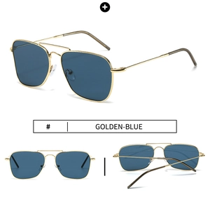 Detail view of aviator sunglasses with gold stainless steel frame and blue lenses