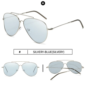 Three perspectives of silver aviator sunglasses with blue lenses and stainless steel frame