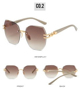 Detailed views of rimless geometric sunglasses with brown gradient lenses and beige arms