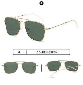 Detail view of square aviator sunglasses with golden stainless steel frames and green lenses