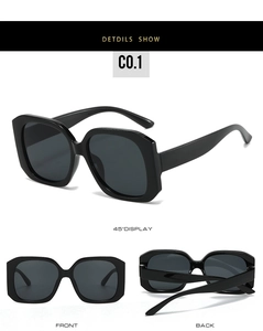 Three-view display showing front, back, and 45-degree angle of bold square frame sunglasses