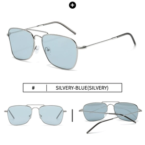 Silver square aviator sunglasses with light blue lenses and metal frame multi-angle view
