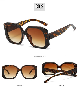 Detailed views of square tortoise shell sunglasses with gradient brown lenses