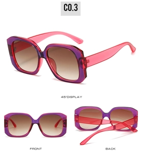 Detailed views of square sunglasses in purple and pink gradient with tinted lenses