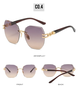 Three-angle display of rimless gradient sunglasses with tortoise temples and gold hinges