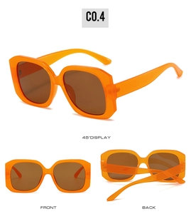 Three views of square orange sunglasses with brown lenses showing front, back and 45-degree angle