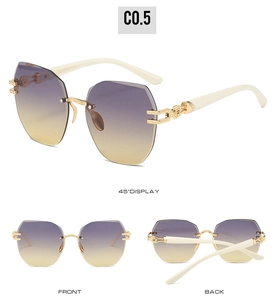 Three views of rimless oval sunglasses with gradient purple lenses and ivory temples