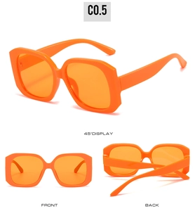 Multi-angle views of large square orange sunglasses with matching lenses for a bold look