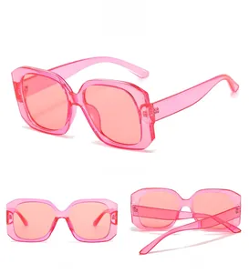 Three-angle display of pink square frame sunglasses including front and side views