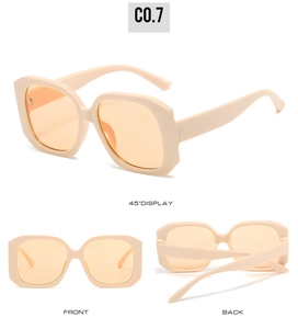 Detail view of square beige frames with amber lenses from multiple display angles