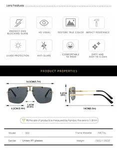 Guide des tailles montrant les dimensions des lunettes de soleil carrées vintage en métal