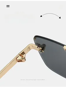 Détail macro des charnières dorées et des verres gris sur une lunette de soleil sans monture