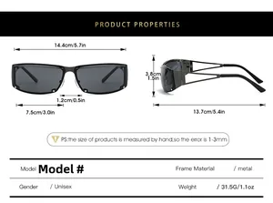 Size chart for rimless metal sunglasses showing width, height and length dimensions