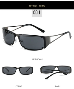 Close-up of gunmetal frame sunglasses with geometric hollow temples and rivet details