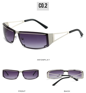 Detailed views of rimless sunglasses with purple gradient lenses and hollow metal temples