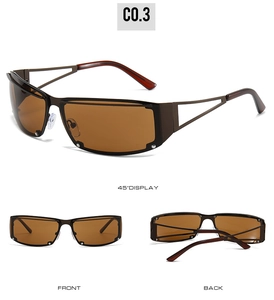Detail view of rimless square sunglasses with brown lenses and hollow metal temples