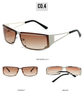 Three-angle view of rimless silver sunglasses with brown gradient lenses and cutout temples