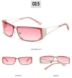 Three-way view showing details of rimless Y2K sunglasses with red gradient lenses