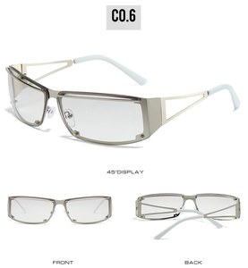 Three-way view of rimless silver sunglasses with Y2K hollow metal frames and clear lenses
