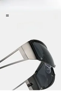 Close-up of rimless square sunglasses with hollow metal temples and elastic structure