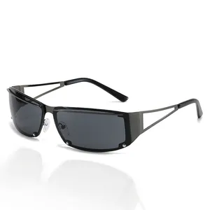 Rimless square sunglasses with hollow metal frame and dark grey lenses in 45-degree view