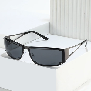 Rimless square sunglasses with futuristic metal hollow temples and grey lenses