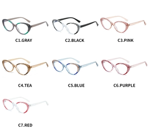 Cat eye TR90 glasses frames shown in seven color variants including gray, pink and blue