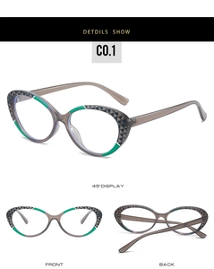 Detail view showing cat eye TR90 glasses frame with grey transparent finish and green stripes