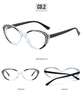 Three-way view of cat eye TR90 glasses frames with stylish black and white patterns