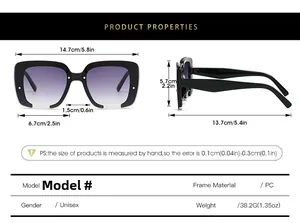 Guide des tailles pour lunettes de soleil carrées avec mesures et caractéristiques