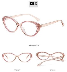 Detailed view of cat eye TR90 optical frames with pink translucent geometric patterns
