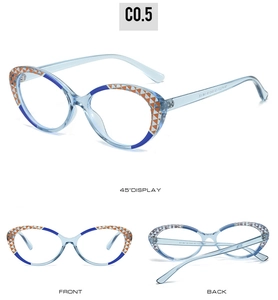 Detailed views of cat-eye TR90 glasses showing front, back, and 45-degree angles