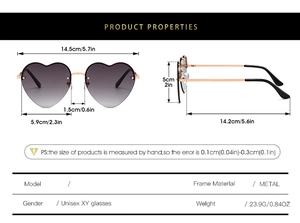 Diagramme technique montrant les dimensions des lunettes de soleil cœur sans monture
