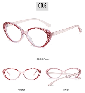 Three views of pink cat-eye TR90 frames with red geometric accents on clear white background