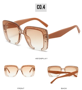 Vues détaillées de lunettes de soleil carrées à dégradé avec monture pailletée dorée
