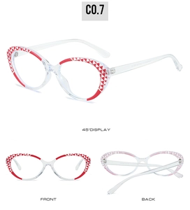 Detail view of TR90 cat-eye frame with red and white geometric patterns on the rim