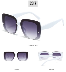 Détail de lunettes de soleil carrées sans monture blanches avec verres dégradés violets