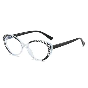 Cat eye glasses frame with black and white checkerboard pattern in a 45-degree view