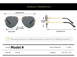 Detailed size chart for aviator sunglasses showing frame dimensions and product specifications