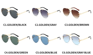 Six colors of rimless pilot sunglasses with golden metal frames and C-hinge details