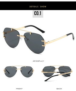 Three-view layout showing gold metal temples and double bridge of aviator sunglasses