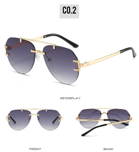 Three-way view of gold metal pilot sunglasses with gradient purple lenses and thin temples
