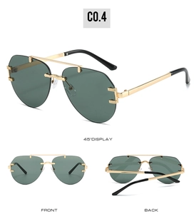 Three-way view of gold metal aviator sunglasses with dark green resin lenses