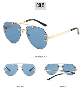 Three-angle views of blue lens aviator sunglasses with gold metal frame and double bridge