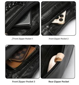 Detail shot of black multi-pocket crossbody bag with high capacity and metal zippers