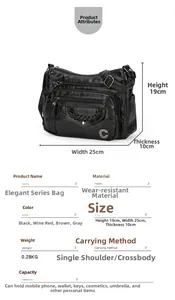 Detailed dimensions and multi-zipper compartments of the black crossbody shoulder bag