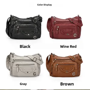 Detailed color selection showing black, burgundy, grey and brown multi-pocket crossbody bags