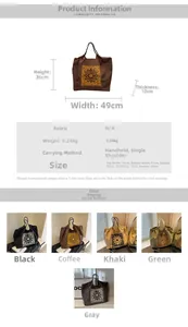 Detailed size chart and dimensions overview for embroidered canvas tote bag colors
