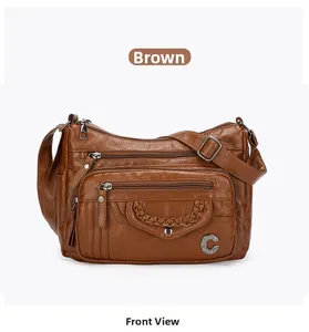 Brown soft PU leather crossbody bag with multiple zip pockets and woven flap detail