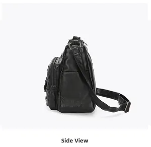 Side view of black PU leather crossbody bag showing multiple pockets and tiered compartments